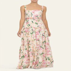 Agua By Agua Bendita Lima Embroidered Pink Floral Print Linen Maxi Dress